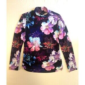 Boston Proper So Chic Floral Turtleneck Knit Top Black Floral Size M Boho Ruched